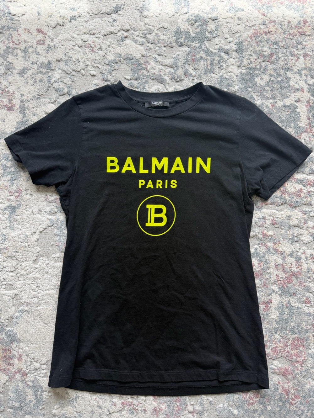 Balmain Black Tee with Neon Yellow Front Lettering